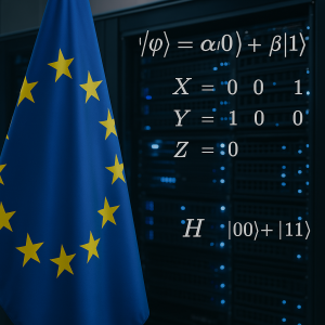 Representación artística generada por IA de algunas operaciones de computación cuántica ejecutadas por la Unión Europea con sus recursos disponibles