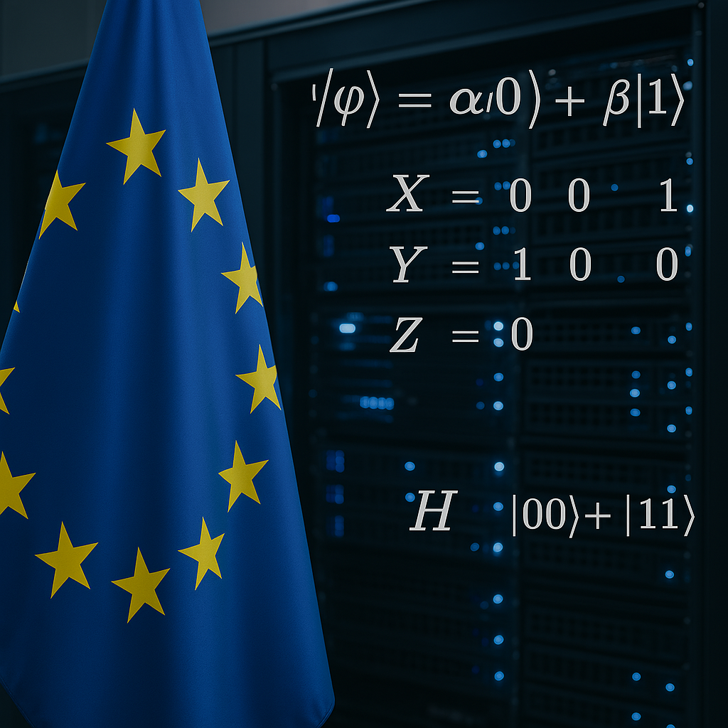 Representación artística generada por IA de algunas operaciones de computación cuántica ejecutadas por la Unión Europea con sus recursos disponibles