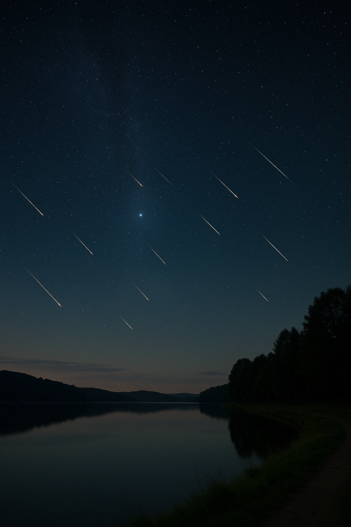 Representación artística generada por IA del firmamento durante la noche de la lluvia de meteoros