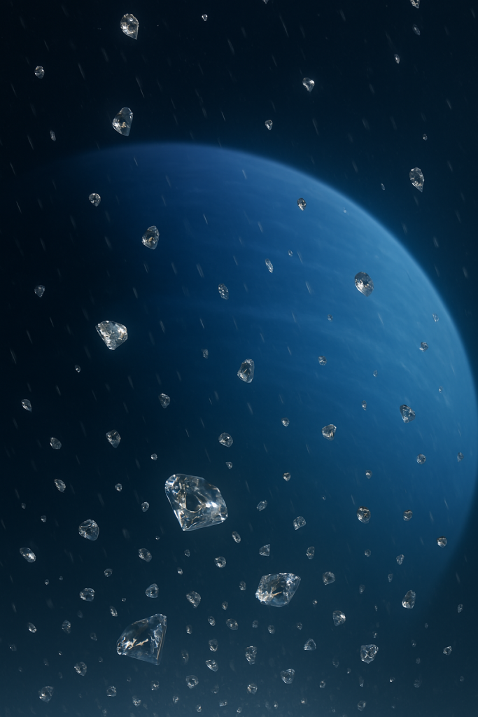 Representación artística generada por IA de la lluvia de diamantes en los gigantes helados de nuestro sistema solar