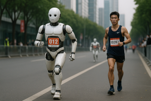 Representación artística generada por IA de la media maratón con competidores tanto humanos como robots humanoides