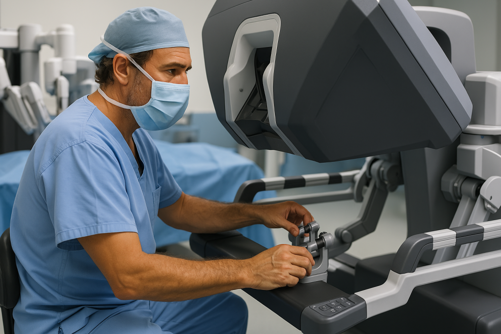 Representación artística generada por IA del doctor utilizando un robot quirúrgico