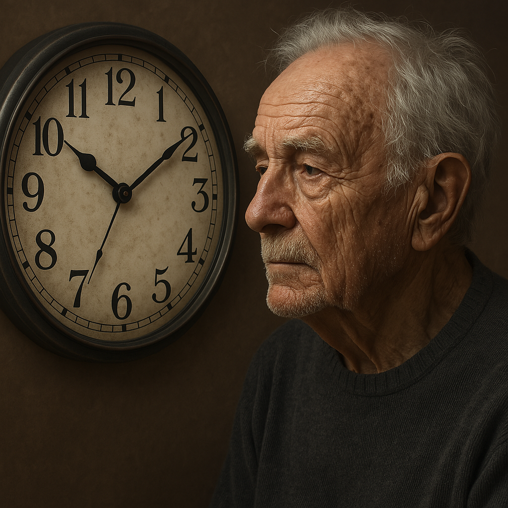 Representación artística generada por IA de una persona experimentando el paso del tiempo y sus efectos a largo plazo