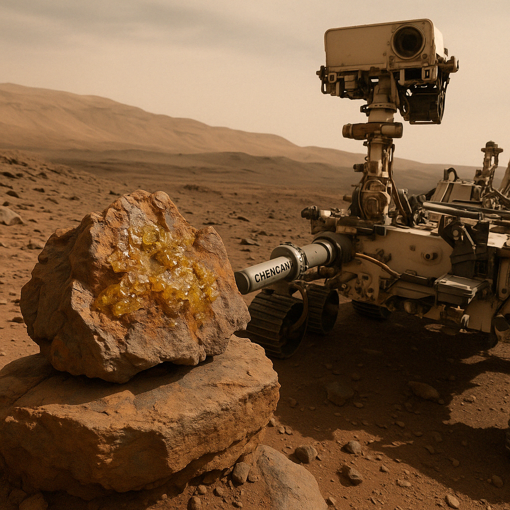 Representación artística generada por IA del rover Curiosity analizando una roca en Marte