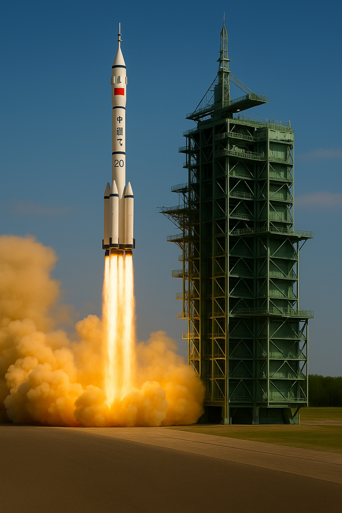 Representación artístico generado por IA del lanzamiento de la misión tripulada china Shenzhou-20 a la estación espacial Tiangong