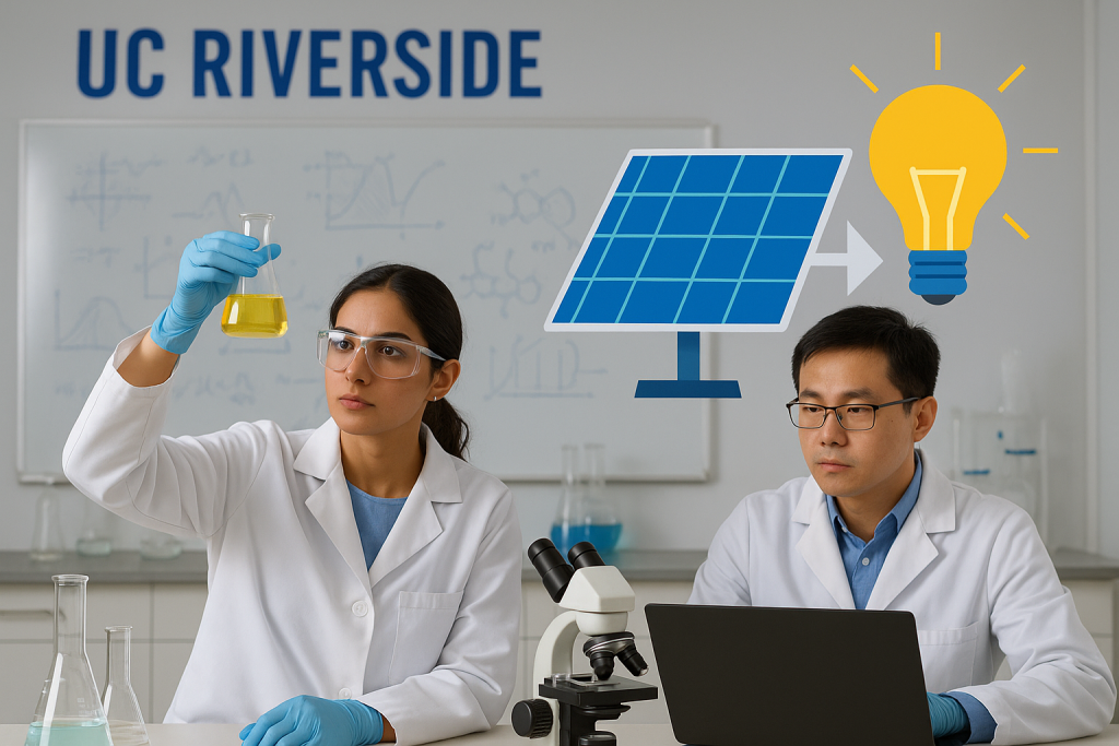 Representación generada por IA de la químico experimental Yadong Yin y el químico teórico Bryan Wong investigando para el proyecto energético de UC Riverside