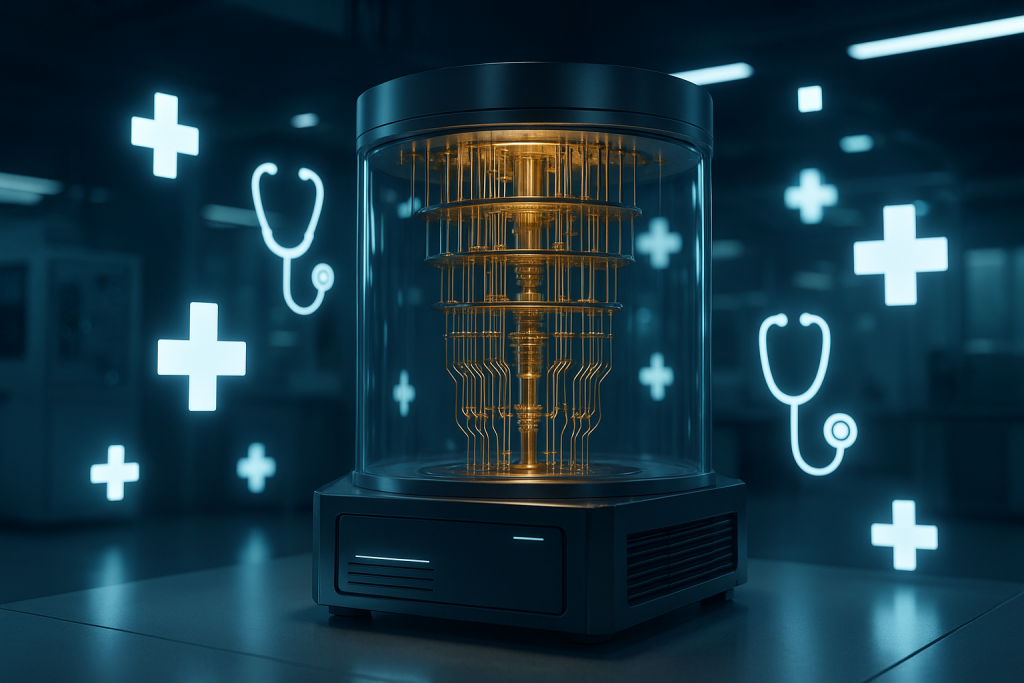 Representación conceptual generada por IA de una computadora cuántica aplicada a la medicina