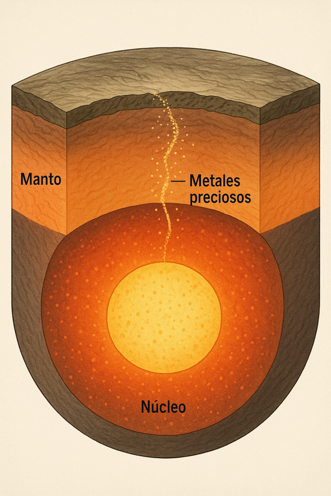 Representación esquemática generada por IA de la filtración de los metales precios del núcleo a la superficie del planeta