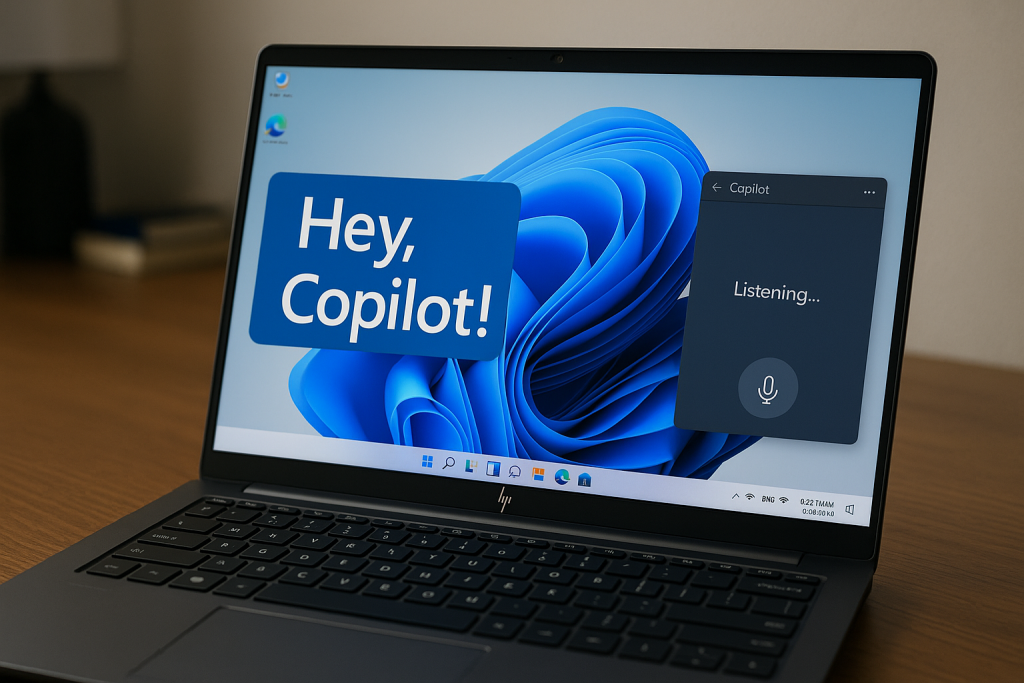 Representación generada por IA del uso del comando "Hey Copilot" en Windows 11