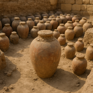Recreación generada por IA de las jarras de vino de 5000 años de antigüedad descubiertas en Egipto