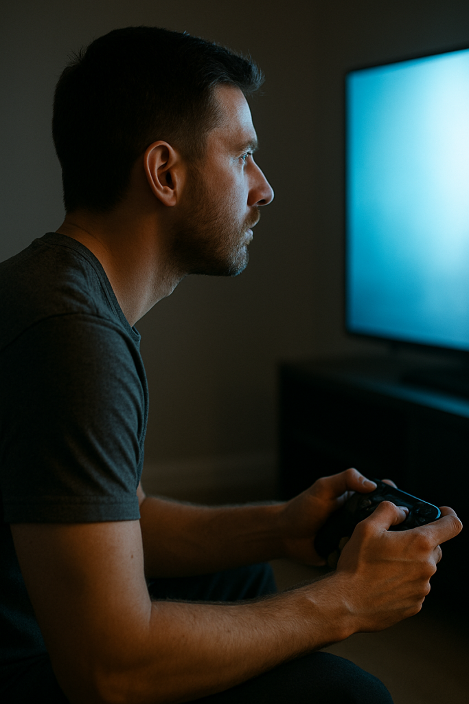 Representación artística generada por IA de un usuario de videoconsolas jugando