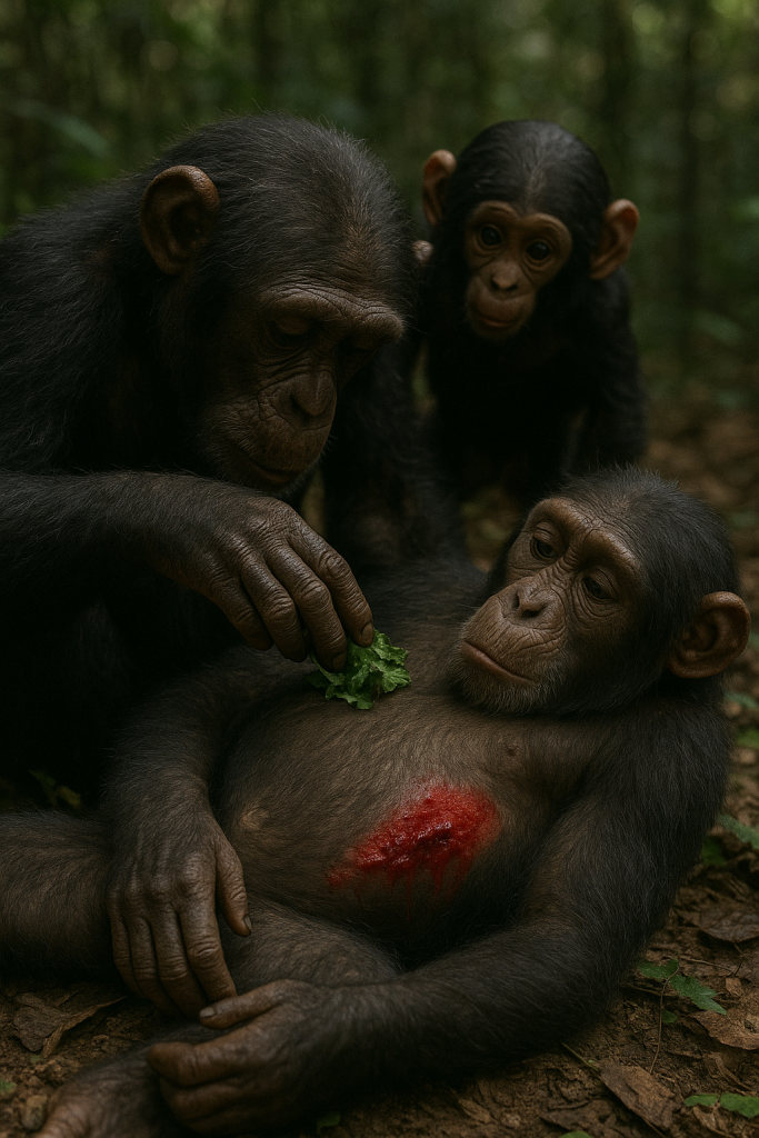 representación artística generada por IA de un chimpancé aplicando "prmieros auxilios" a un compañero