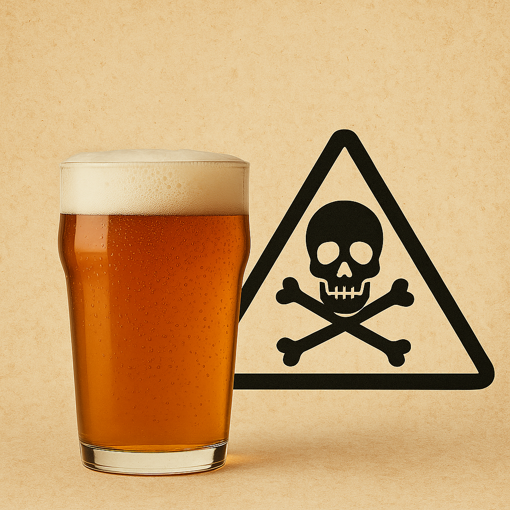 Representación artística generada por IA de una cerveza con químicos perjudiciales para la salud