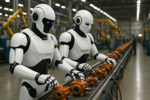 Representación generada por IA de el uso de robots humanoides chinos en una cadena de montaje