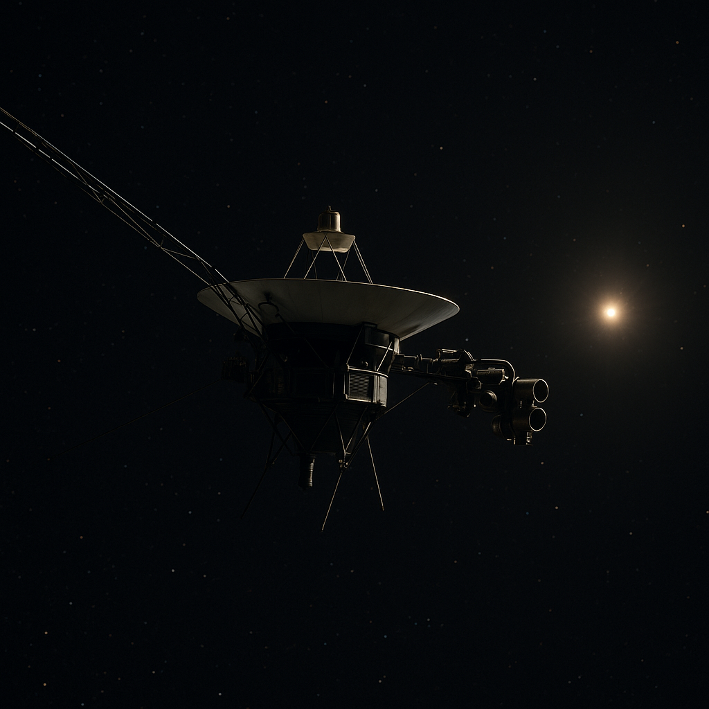 Recreación generada por IA de la sonda Voyager 1 viajando por el espacio interestelar
