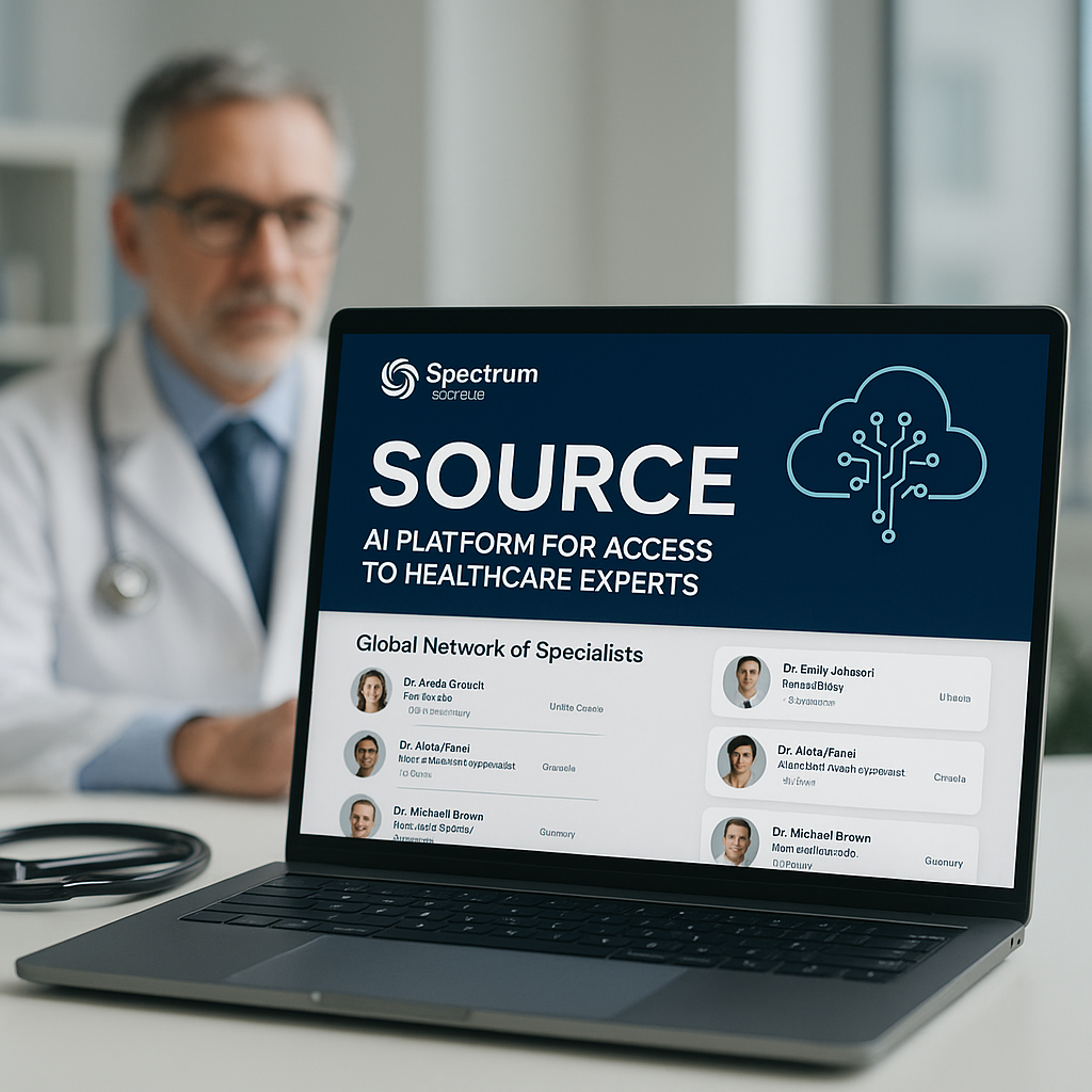 Representación artística generada por IA de un doctor explicando el uso de la plataforma de IA "Source"