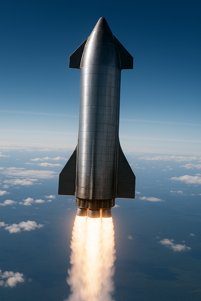 Recreación generada por IA de la nave Starship de SpaceX haciendo un quemado de frenado previo a su aterrizaje