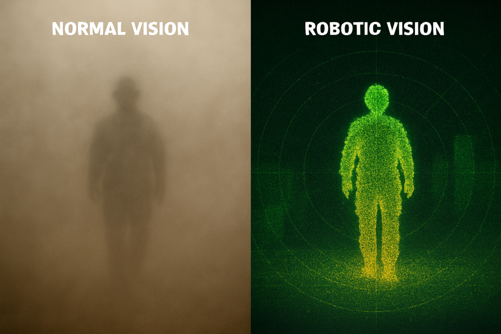 Recreación generada por IA de una comparativa entre la visión humana y la visión robótica de la noticia