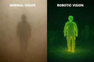 Recreación generada por IA de una comparativa entre la visión humana y la visión robótica de la noticia