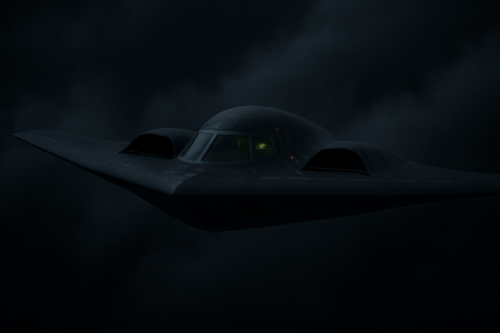 Un bombardero B-2 volando durante la noche oculto entre las nubes. Recreación generada por IA