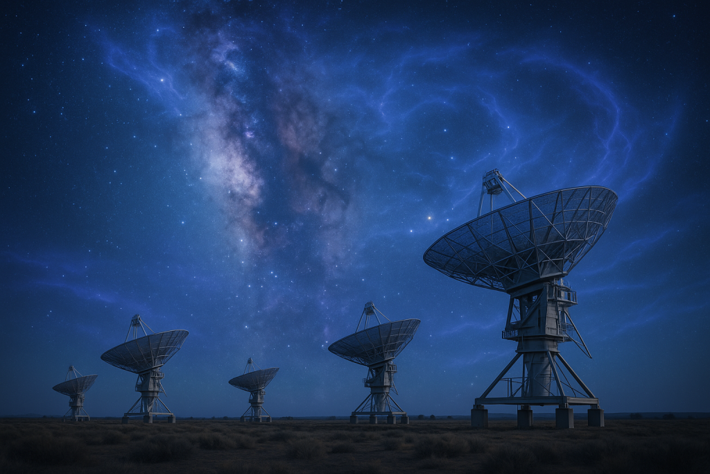 Recreación generada por IA de una red de radiotelescopios apuntando al cosmos en busca de materia