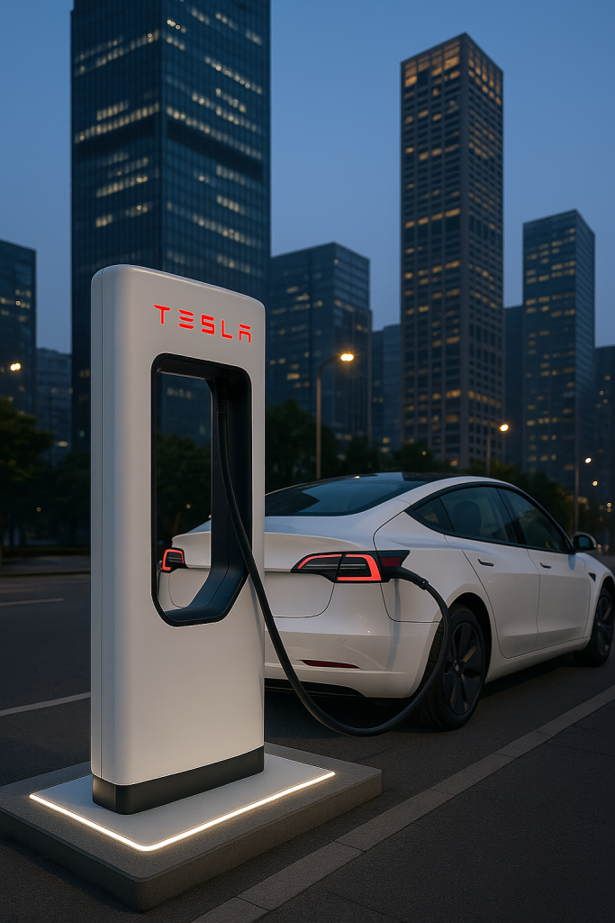 Recreación de un vehículo Tesla cargando en uno de los nuevos cargadores V4