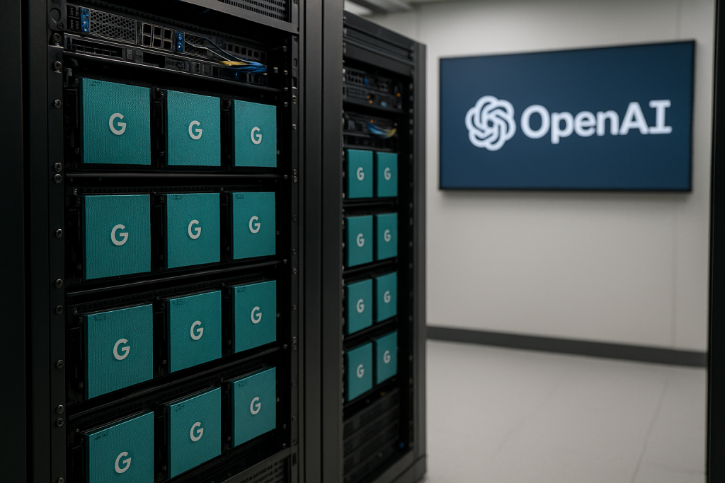 Rack de procesadores especiales para IA de Google en un centro de datos de OpenAI. Representación artística generada por IA