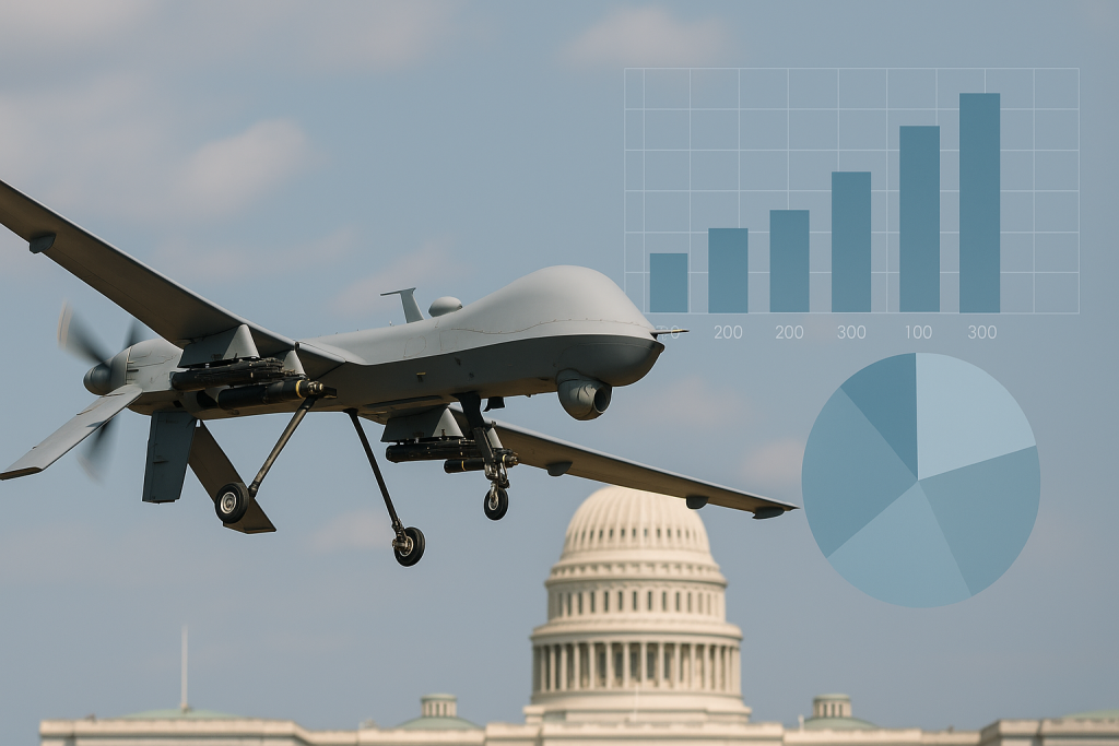Un dron militar estadounidense sobrevolando las inmediaciones de la casa blanca. Recreación generada por IA