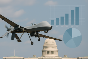 Un dron militar estadounidense sobrevolando las inmediaciones de la casa blanca. Recreación generada por IA
