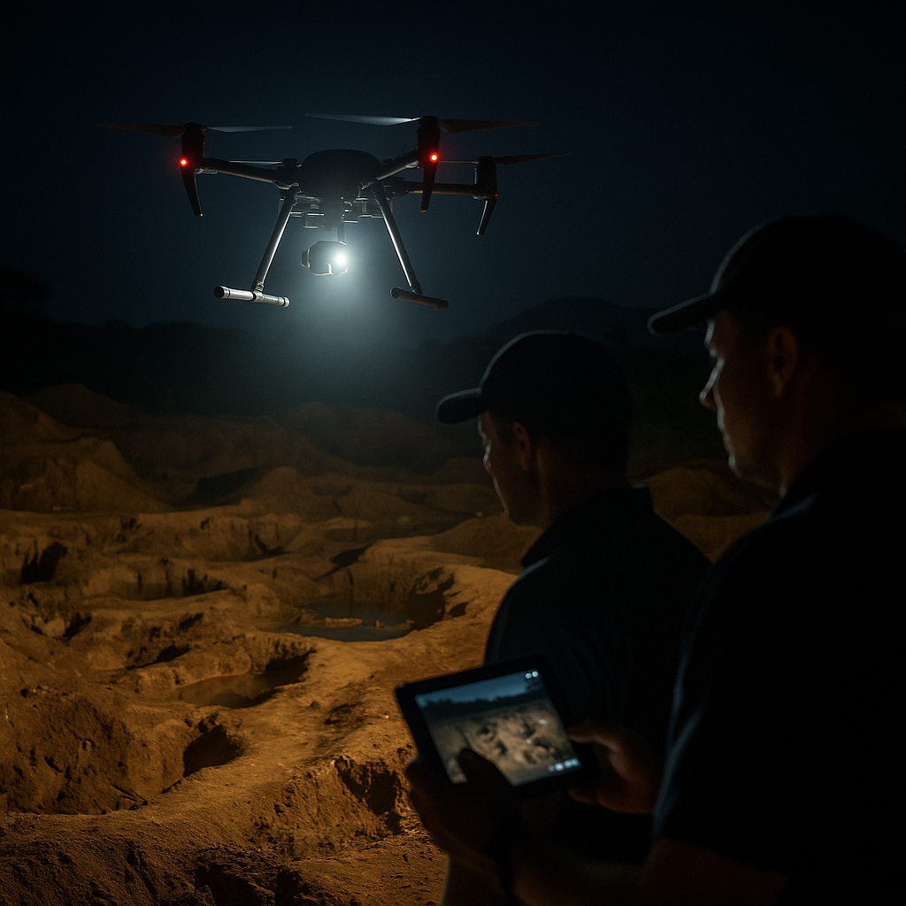 Uso de drones para detección de minería ilegal en África. Imagen generada por IA