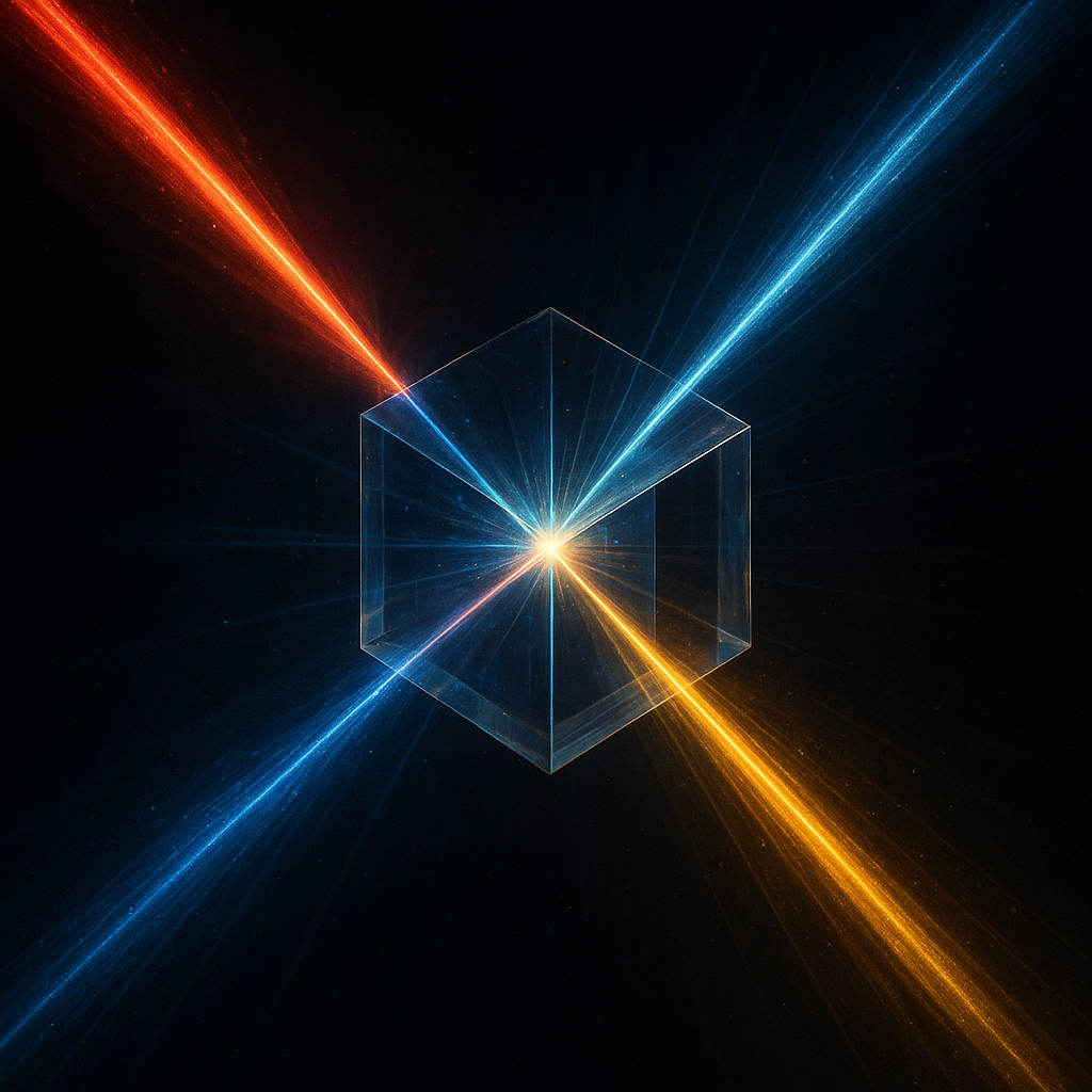 Representación generada por IA de una fuente de luz interactuando con un cristal