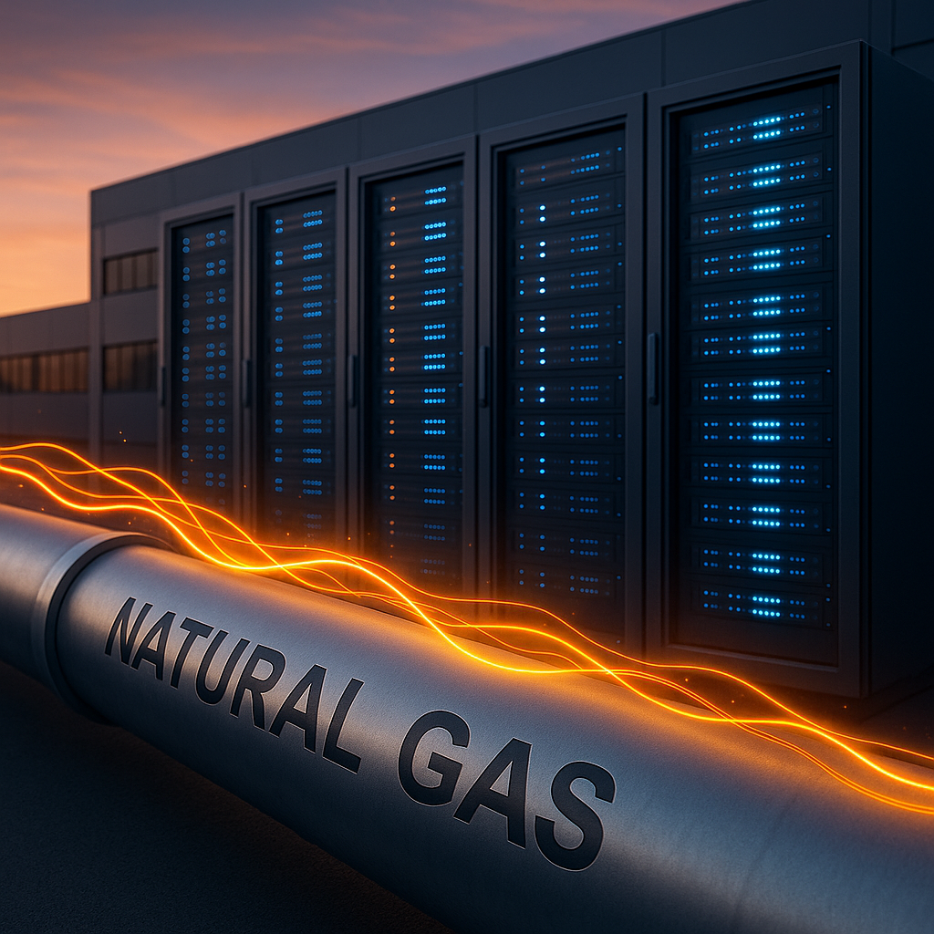 Representación artística generada por IA del uso de gas natural en centros de datos de IA en Asia