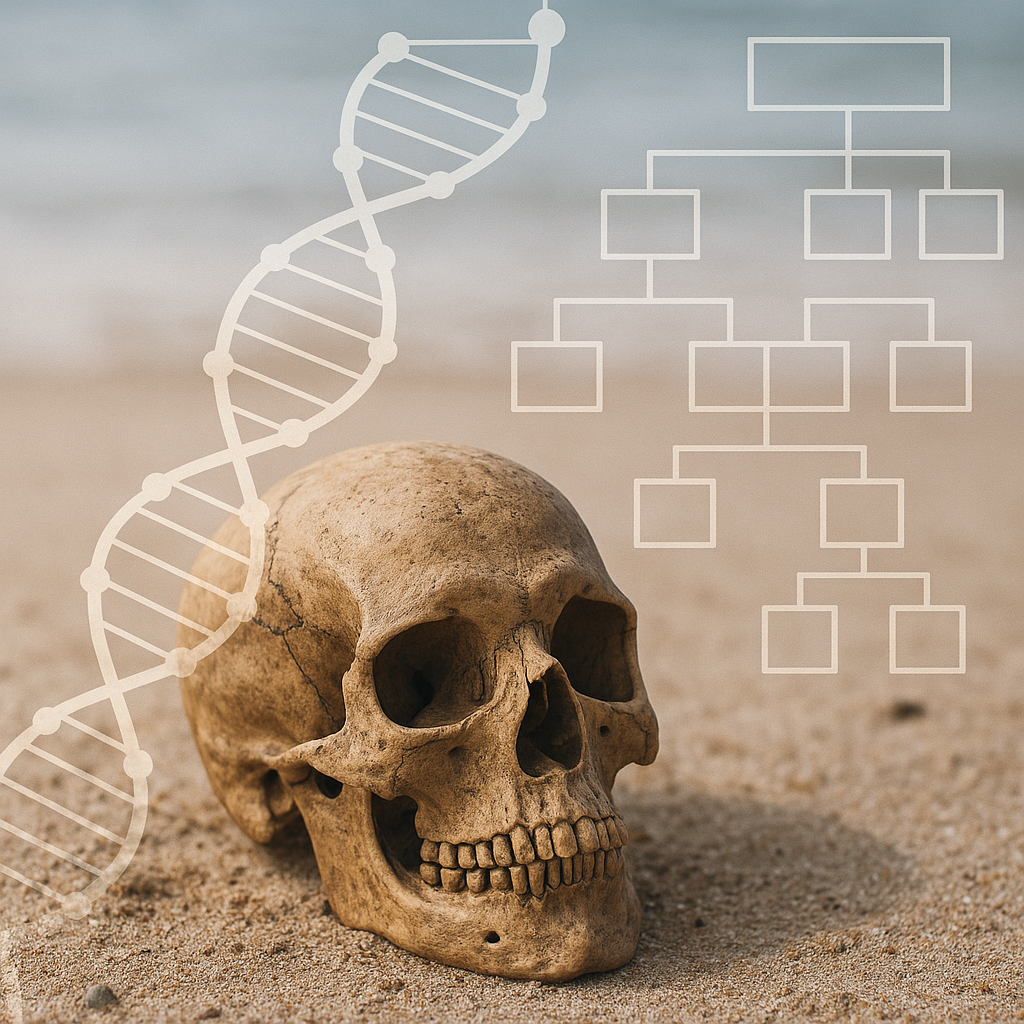 Representación generada por IA de la identificación de restos humanos por medio de genealogía genética