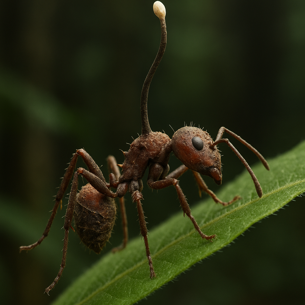 Hormiga infectada por un hongo zombificador. Recreación generada por IA