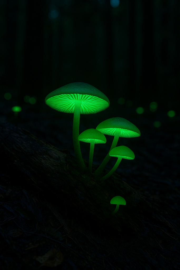 Hongos bioluminiscentes. Imagen generada por inteligencia artificial