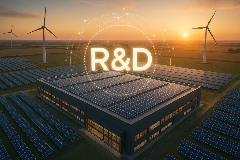 Representación artística generada por IA de una planta de energías renovables de R&D en Reino Unido