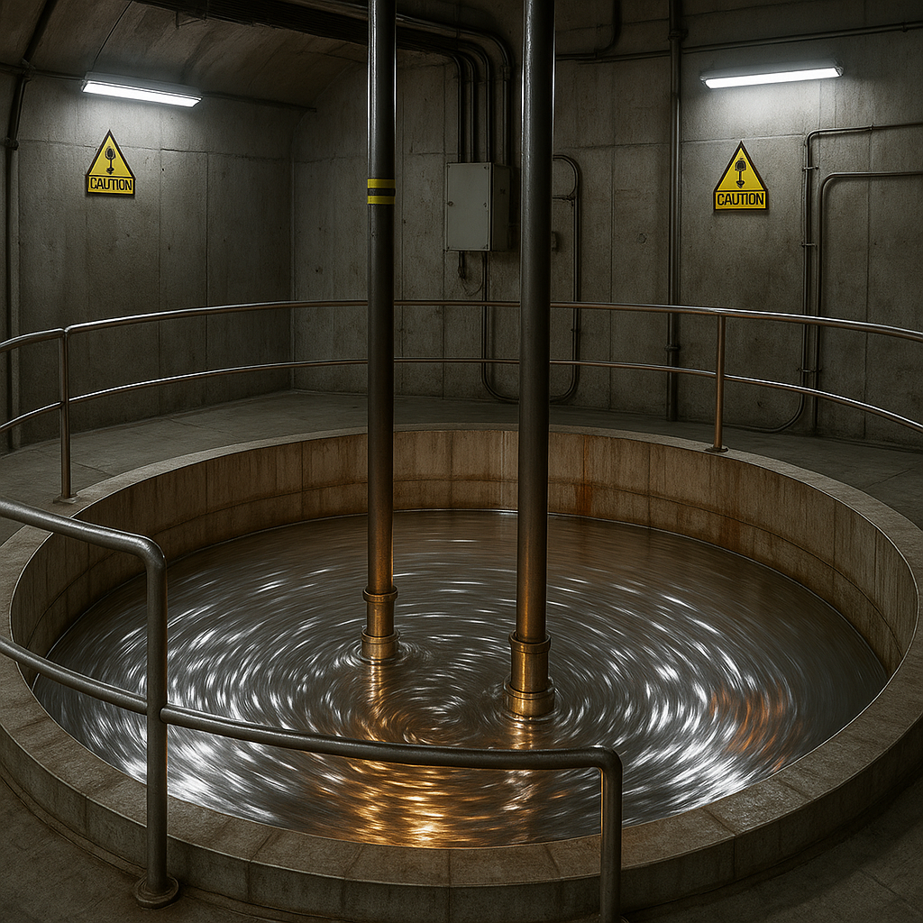 Representación artística generada por IA de un reactor nuclear de plomo líquido