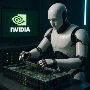 Representación artística generada por IA de un robot humanoide montando servidores para IA