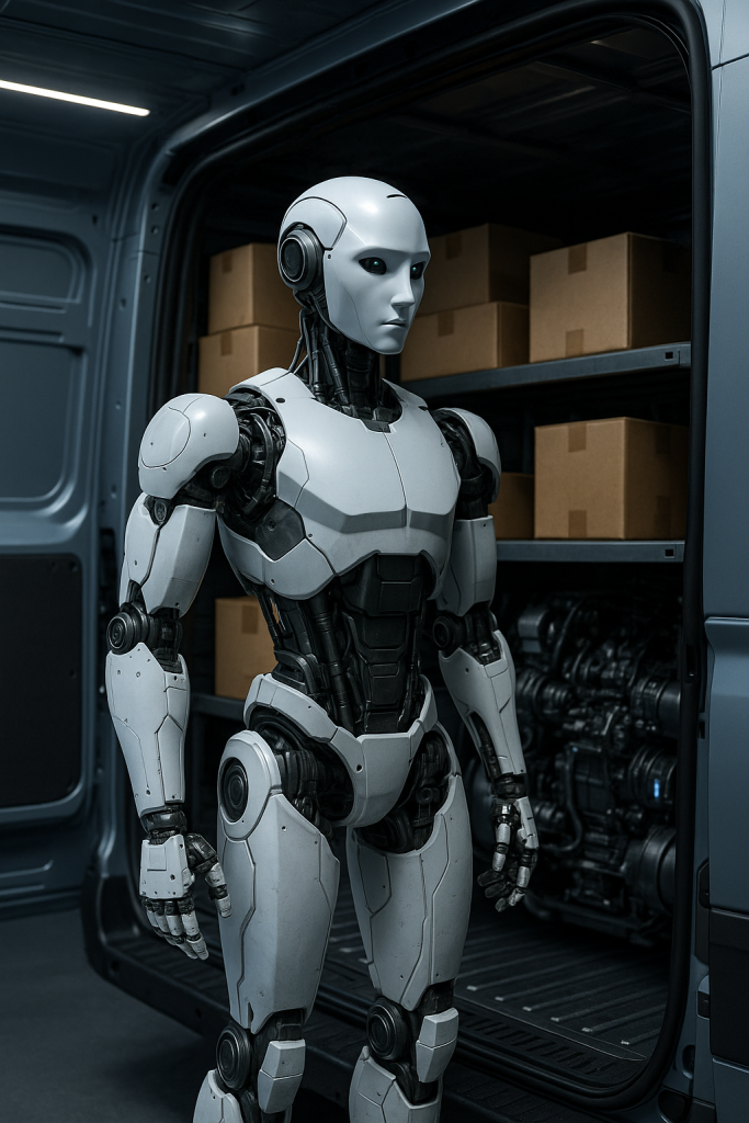 Representación generada por IA de un robot humanoide ejerciendo labores de repartidor en una empresa de paquetería