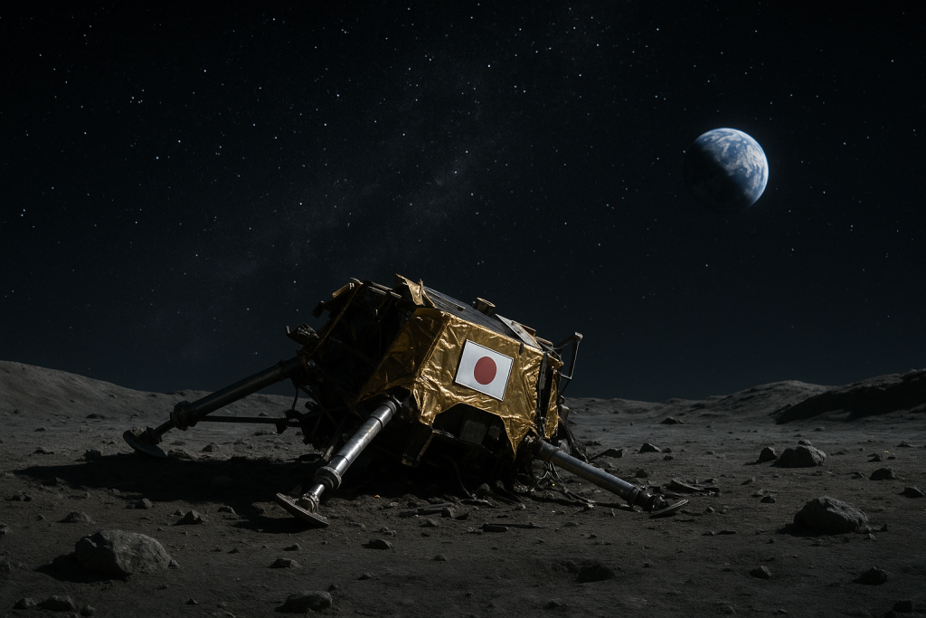 Representación artística generada por IA de la sonda japonesa accidentada en la superficie lunar