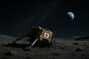 Representación artística generada por IA de la sonda japonesa accidentada en la superficie lunar