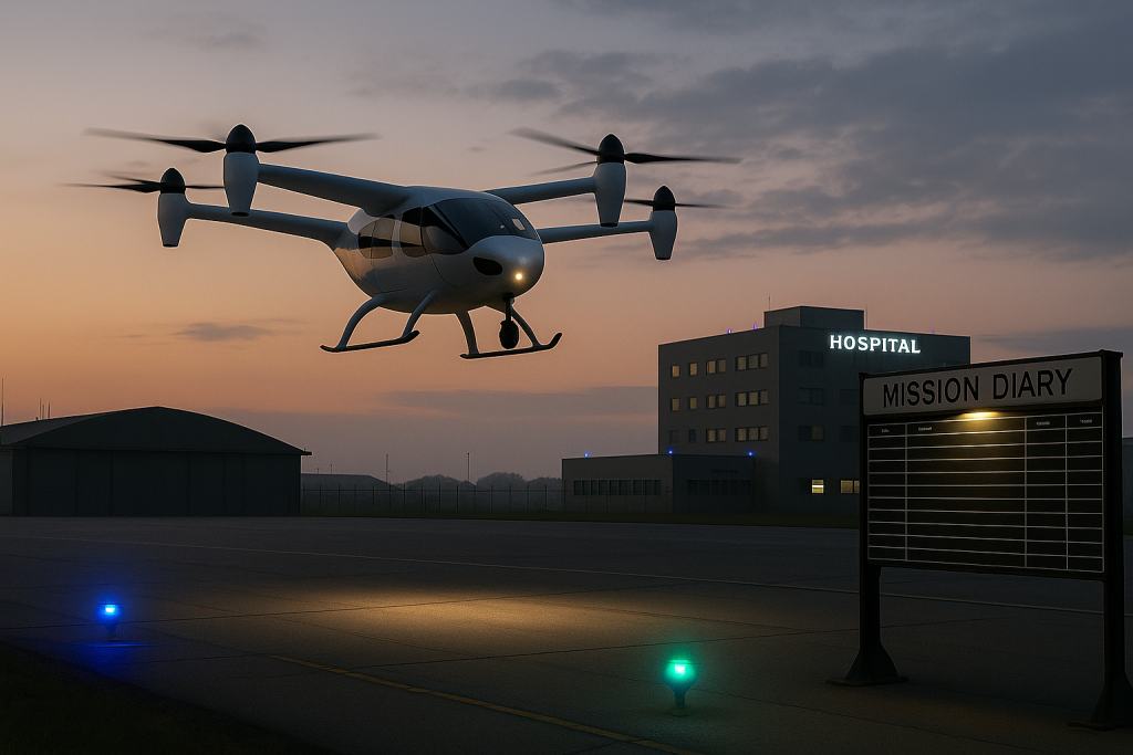 Un taxi volador despegando desde el helipuerto de un hospital. Imagen generada por IA