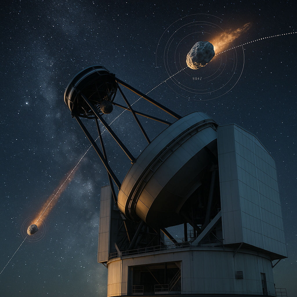 Representación generada por IA de un radio telescopio capaz de brindarnos protección contra asteroides potencialmente peligrosos