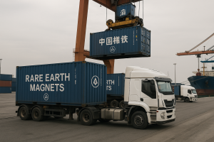 Exportación de imanes de tierras raras en China. Imagen generada por IA