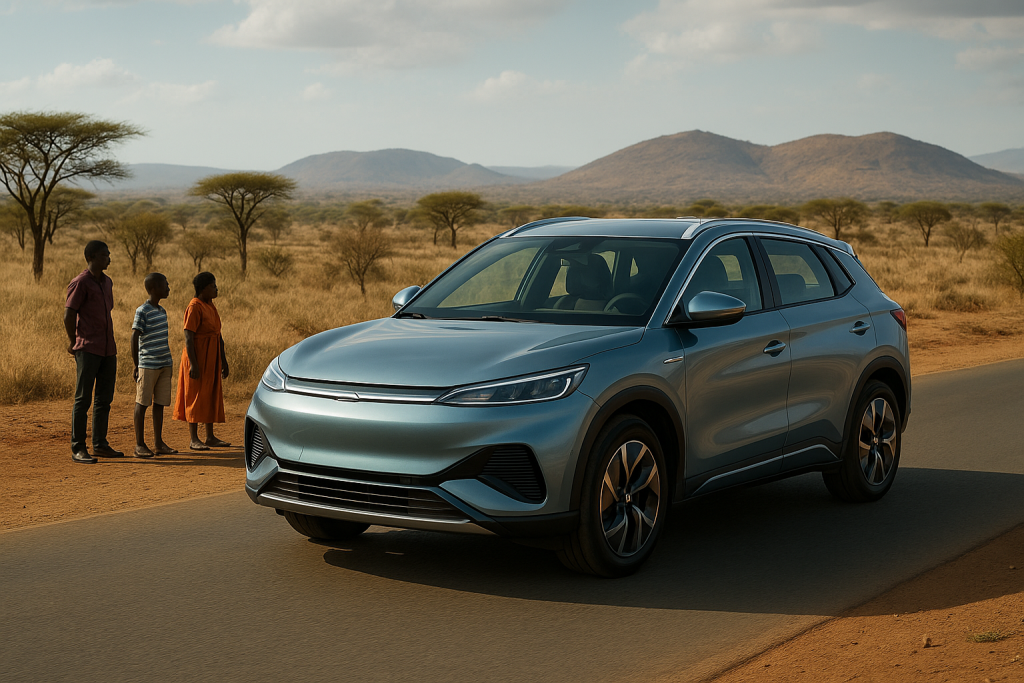 Un vehículo eléctrico moderno circulando por una carretera del sur de África. Recreación generada por IA