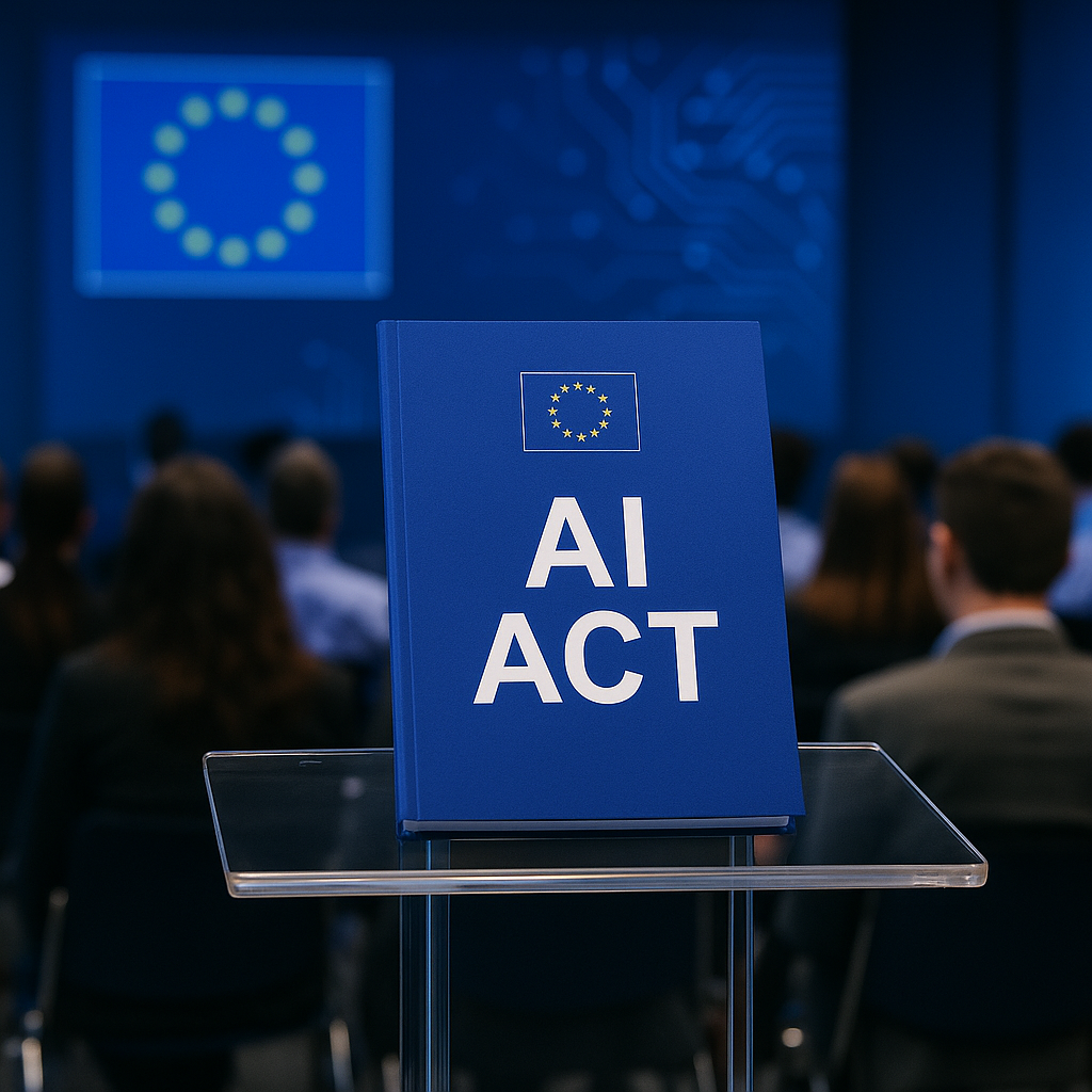 Representación artística generada por IA del acta de Inteligencia Artificial de la Unión Europea