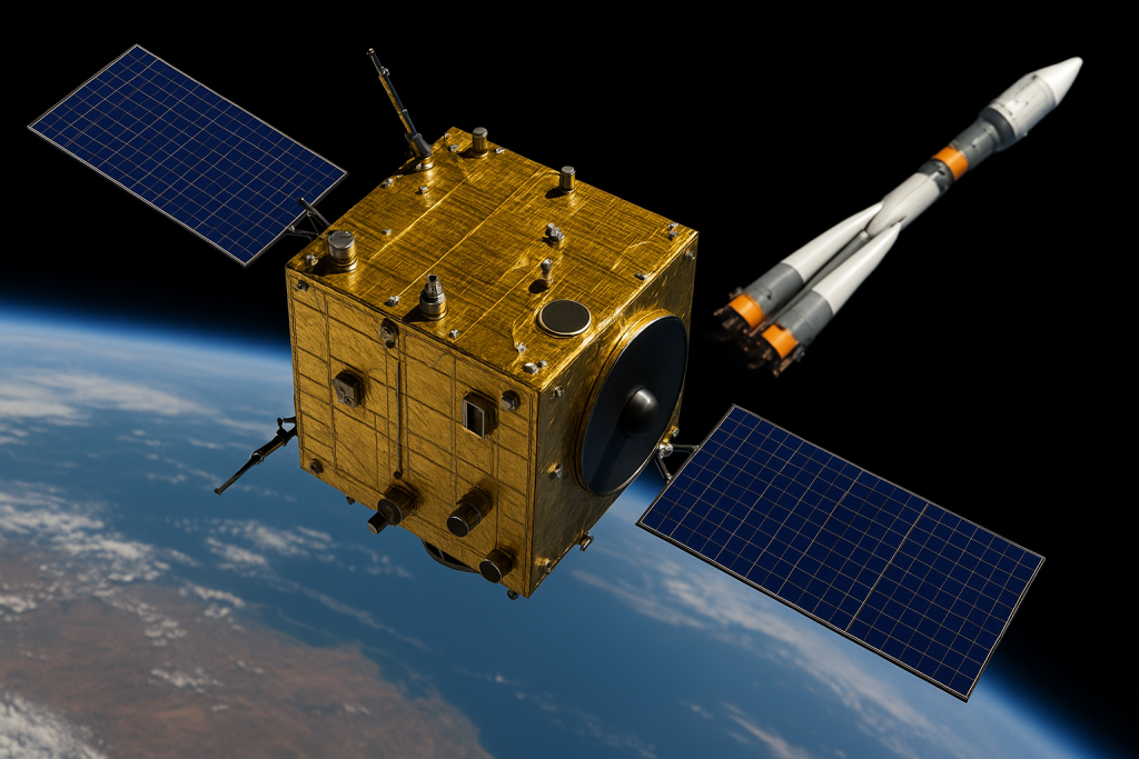 Representación artística generada por IA del satélite Iraní con la lanzadera que lo puso en órbita al fondo