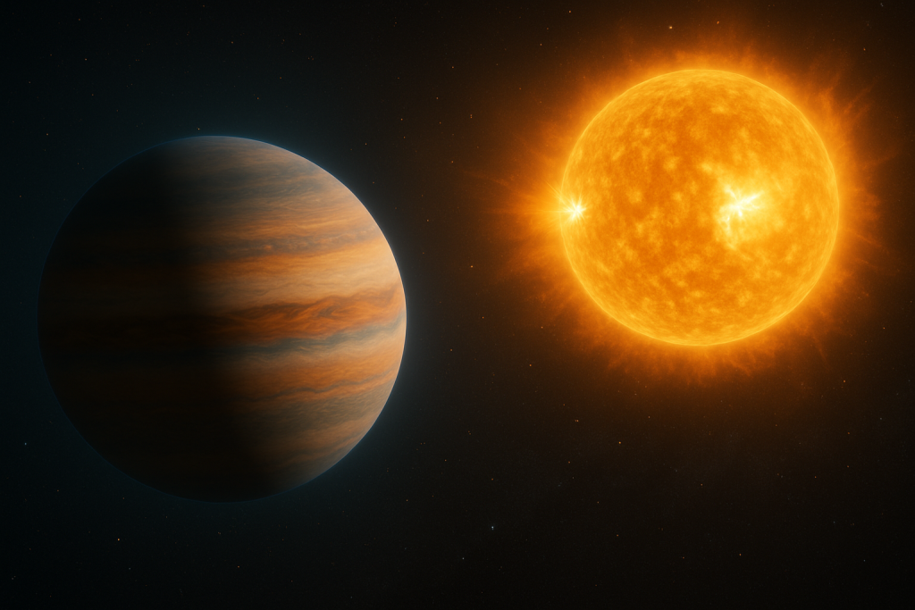 Exoplaneta gigante que genera tormentas solares en su estrella. Representación artística