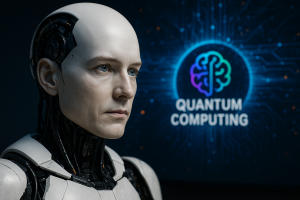 Representación artística de una máquina tremendamente humanizada gracias al uso de tecnología cuántica para la inteligencia artificial