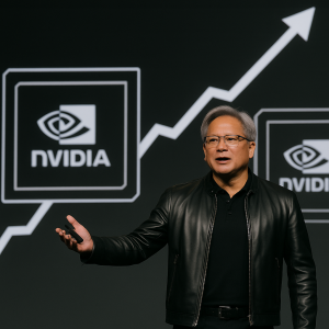 Jensen Huang hablando sobre la subida de la compañía. Representación generada por IA